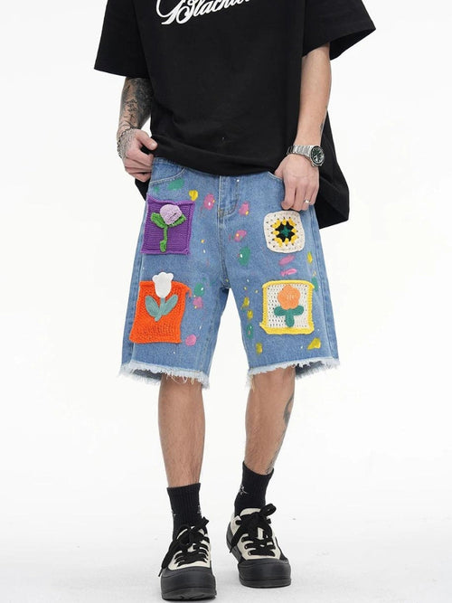 Litlookz Studio Knitted Flower Patch Denim Shorts