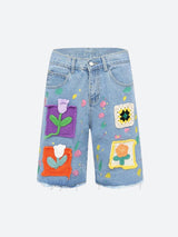 Litlookz Studio Knitted Flower Patch Denim Shorts, view 3