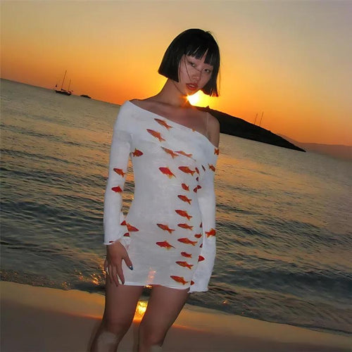 Litlookz Studio Koi Fish Printed Mesh Mini Dress