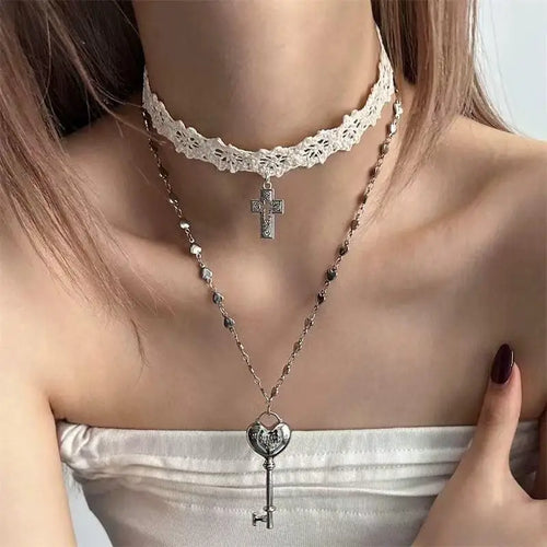 Litlookz Studio Lace Choker & Heart Lock Necklace