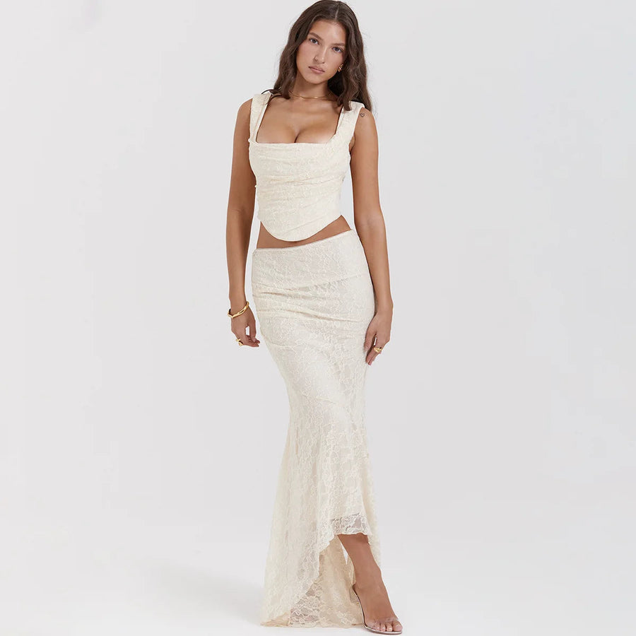 Litlookz Studio Lace Corset & Asymmetric Midi Skirt Two Piece Set