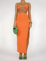 Litlookz Studio Lace Up Crop Top & Slit Maxi Skirt Two Piece Set, view 3