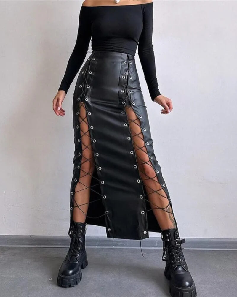 Litlookz Studio Lace-Up Faux Leather Midi Skirt