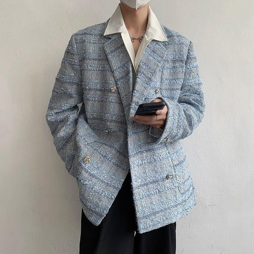 Litlookz Studio Lapel Collar Blue Tweed Blazer