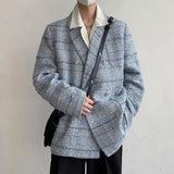 Litlookz Studio Lapel Collar Blue Tweed Blazer, view 2