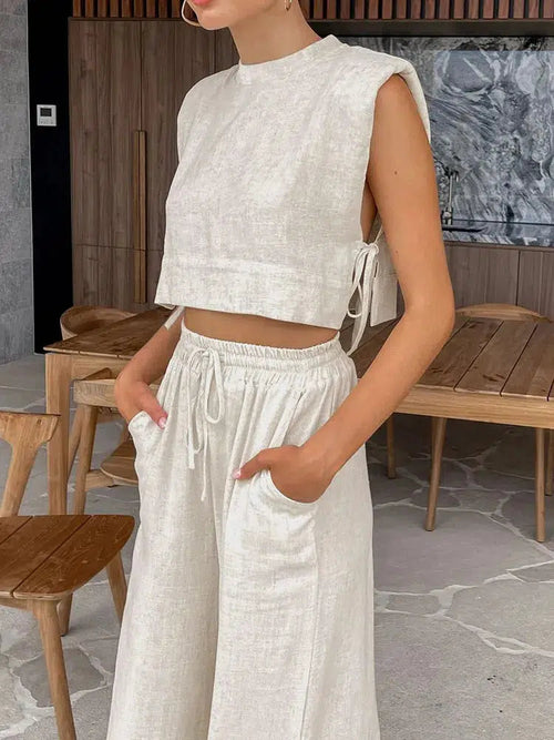Litlookz Studio Linen Lace Up Crop Top & Pants Two Piece Set