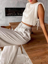 Litlookz Studio Linen Lace Up Crop Top & Pants Two Piece Set, view 2