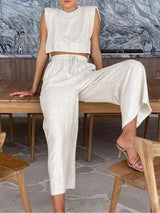 Litlookz Studio Linen Lace Up Crop Top & Pants Two Piece Set, view 3