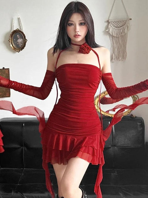 Litlookz Studio Mesh Ruffled Strapless Mini Dress