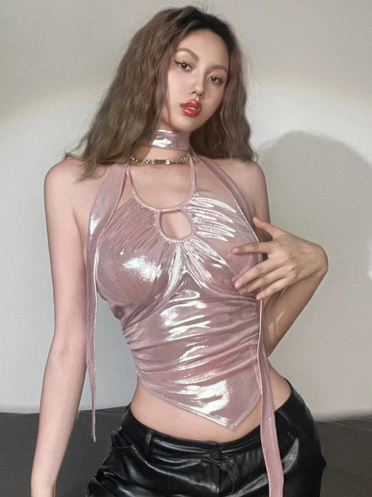 Litlookz Studio Metallic Halter Neck Top