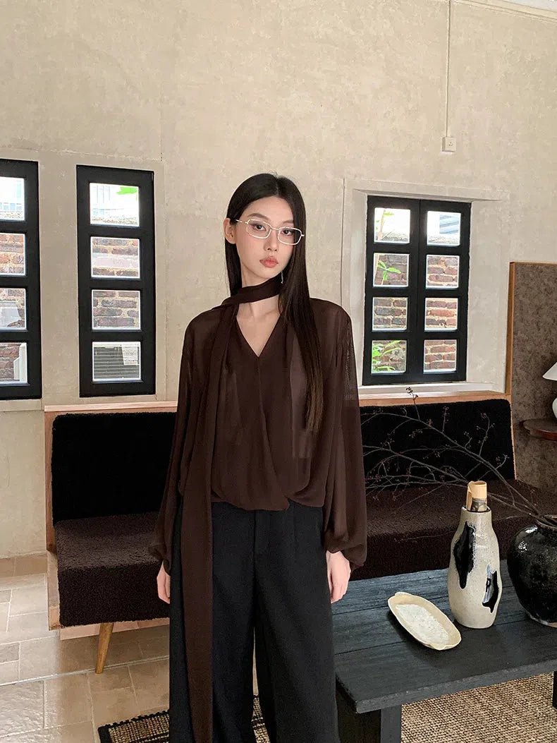 Litlookz Studio Neck Tie Sheer Mesh Blouse