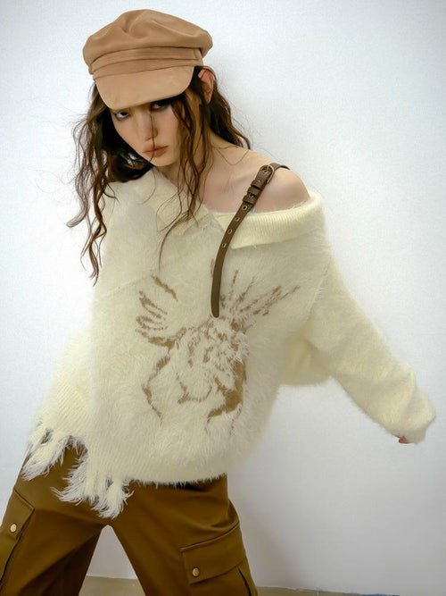 Litlookz Studio Off Shoulder Distressed Knit Sweater