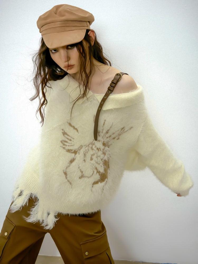Litlookz Studio Off Shoulder Distressed Knit Sweater