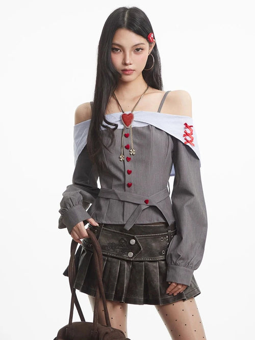 Litlookz Studio Off Shoulder Heart Button Shirt
