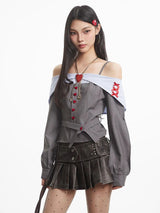 Litlookz Studio Off Shoulder Heart Button Shirt, view 2