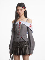 Litlookz Studio Off Shoulder Heart Button Shirt, view 3
