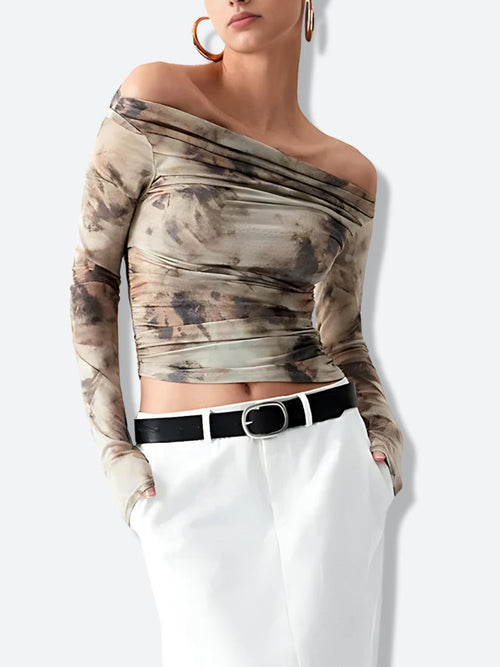 Litlookz Studio Off Shoulder Ruched Mesh Top