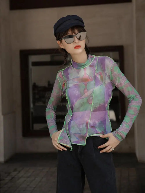 Litlookz Studio Patchwork Asymmetric Mesh Top