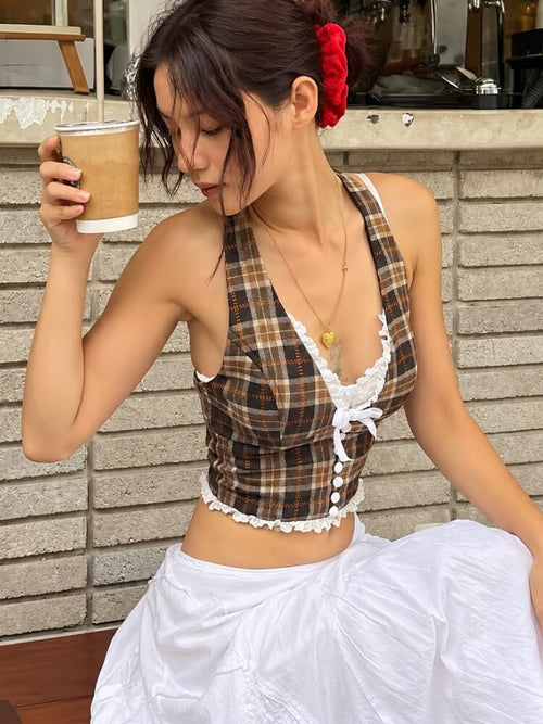 Litlookz Studio Plaid Ribbon Halter Top