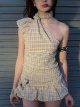 Litlookz Studio Plaid Ruched Top & Balloon Mini Skirt Two Piece Set, view 2