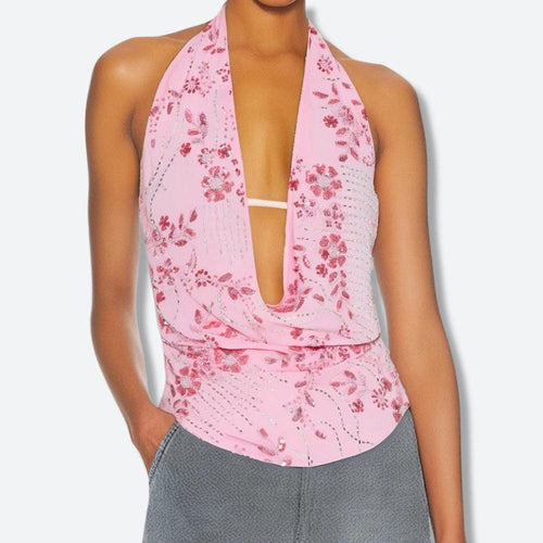Litlookz Studio Plunge Neck Sequined Beaded Top