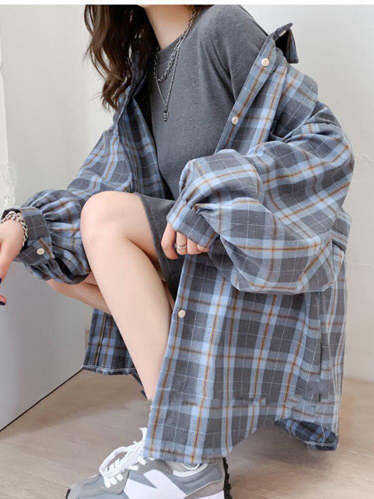 Litlookz Studio Y2K Puff Sleeve Plaid Shirt