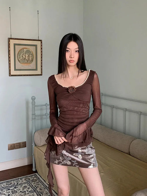 Litlookz Studio Rose Mesh Ruffled Top