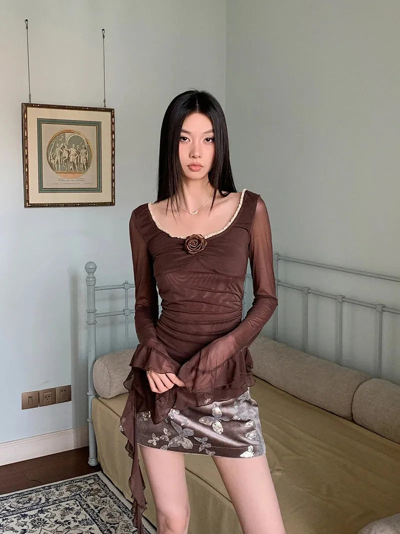 Litlookz Studio Rose Mesh Ruffled Top