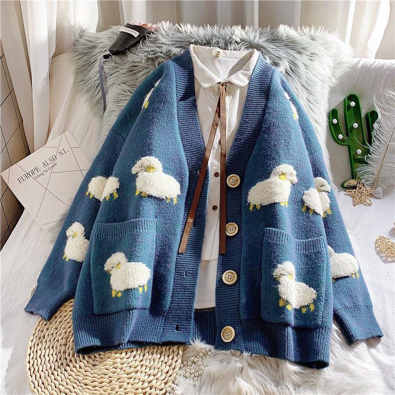 Litlookz Studio Sheep Embroidery Knitted Cardigan