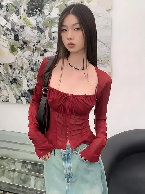 Litlookz Studio Sheer Ruched Lace Up Blouse