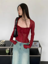 Litlookz Studio Sheer Ruched Lace Up Blouse, view 2