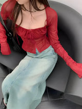 Litlookz Studio Sheer Ruched Lace Up Blouse, view 3