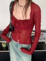 Litlookz Studio Sheer Ruched Lace Up Blouse, view 4
