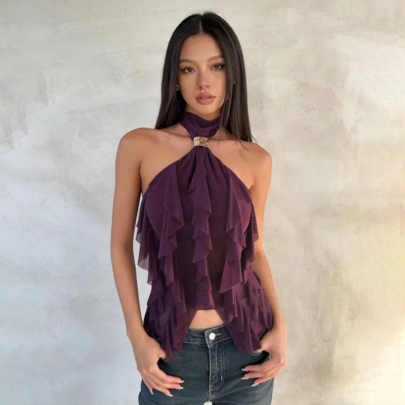 Litlookz Studio Sheer Ruffle Halter Top