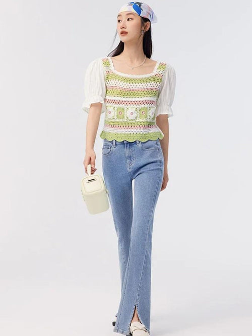 Litlookz Studio Soft Girl Floral Hollow Out Knitted Top