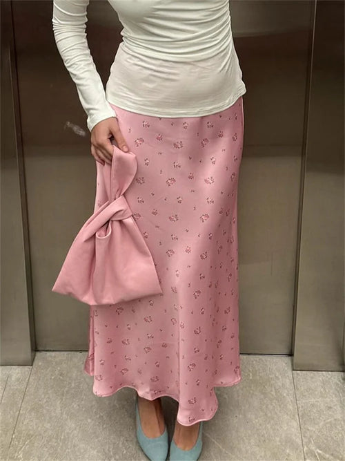 Litlookz Studio Soft Girl Floral Satin Midi Skirt