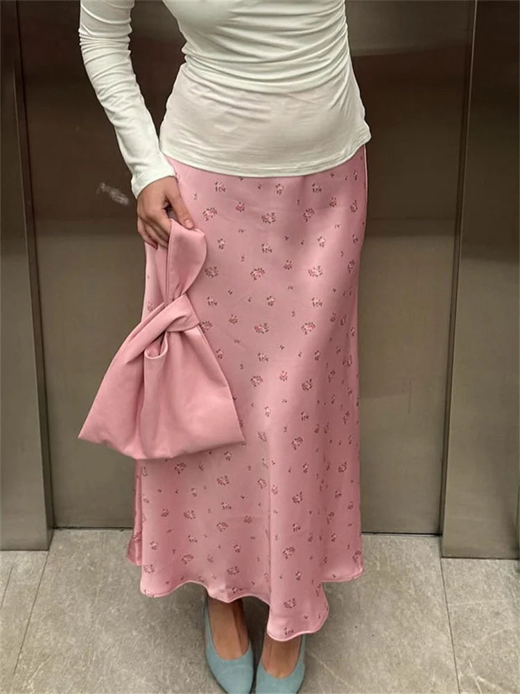 Litlookz Studio Soft Girl Floral Satin Midi Skirt