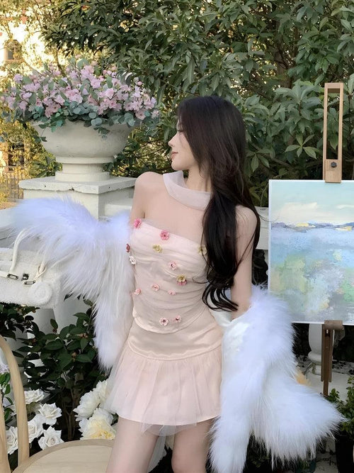 Litlookz Studio Soft Girl Flower Tube Top & Tulle Mini Skirt Two Piece Set