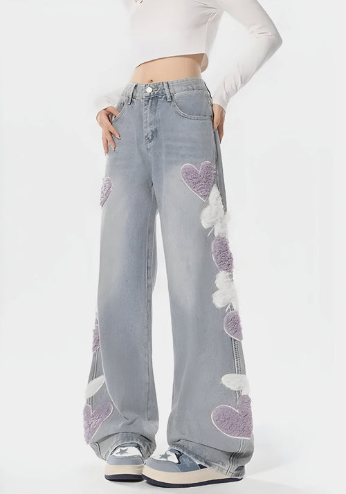 Litlookz Studio Soft Girl Fluffy Heart Butterfly Jeans