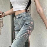Litlookz Studio Soft Girl Lace Up Slit Flare Jeans, view 4