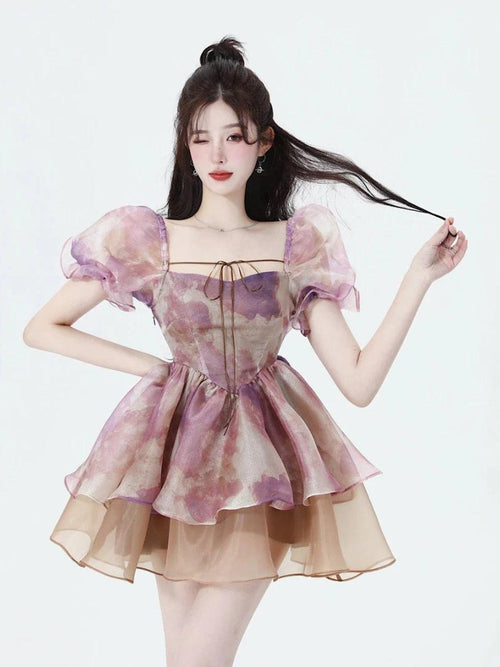 Litlookz Studio Soft Girl Puff Sleeve Layered Mini Dress