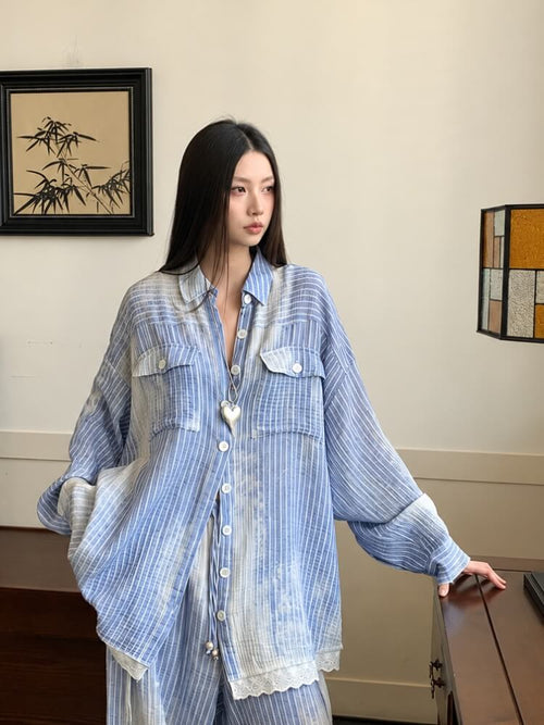 Litlookz Studio Striped Lace Trimmed Shirt