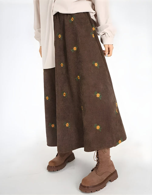 Litlookz Studio Sunflower Embroidered Corduroy Maxi Skirt