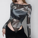 Litlookz Studio Swan Graphic Asymmetrical Mesh Top, view 6