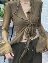 Litlookz Studio Tie Front Mesh Top, view 4