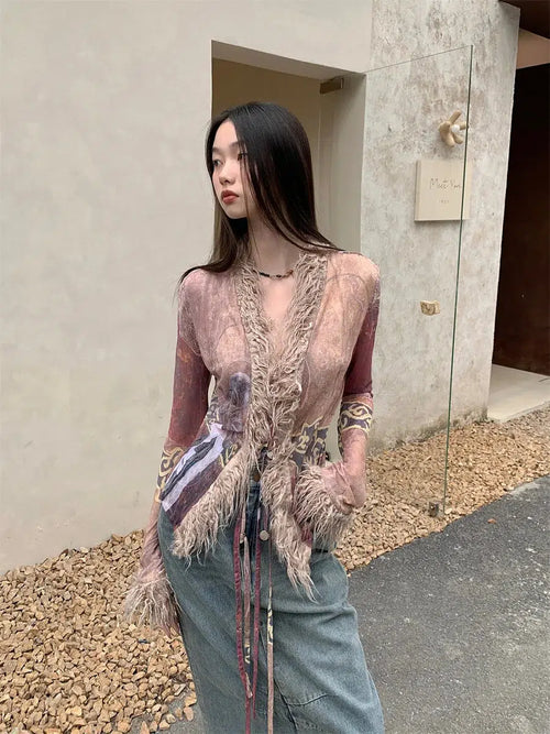 Litlookz Studio Vintage Faux Fur Detailed Lace Up Top