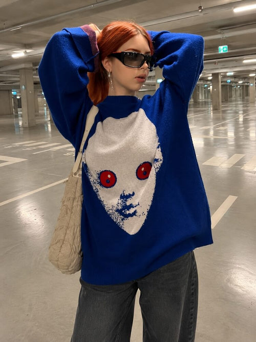Litlookz Studio Weirdcore Alien Face Knit Sweater