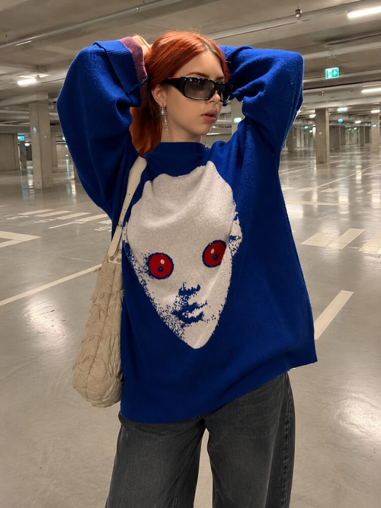 Litlookz Studio Weirdcore Alien Face Knit Sweater