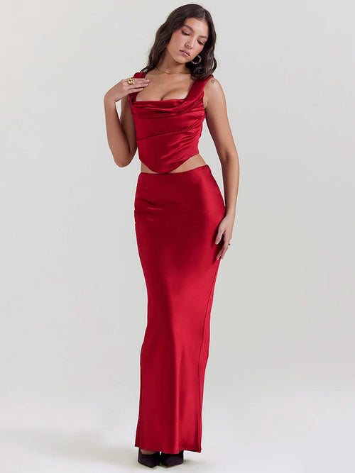 Litlookz Studio Wine Satin Corset Top & Maxi Skirt Two Piece Set