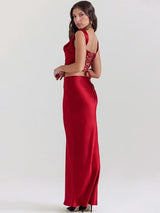 Litlookz Studio Wine Satin Corset Top & Maxi Skirt Two Piece Set, view 2